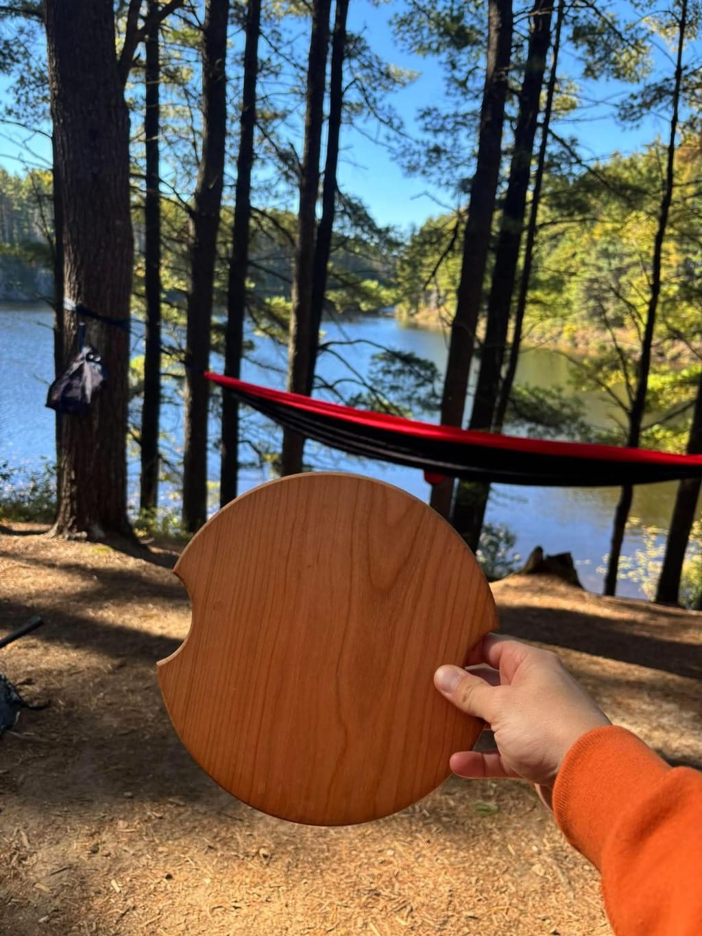 Hand holding a round Barrel Buddy hardwood cutting board at a lakeside campsite, with a hammock strung between the pines