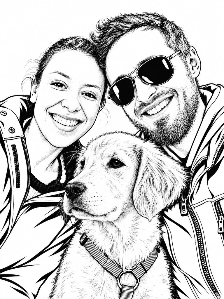 Black-and-white line artwork of the same two people and golden retriever, transformed from the original photo for engraving
